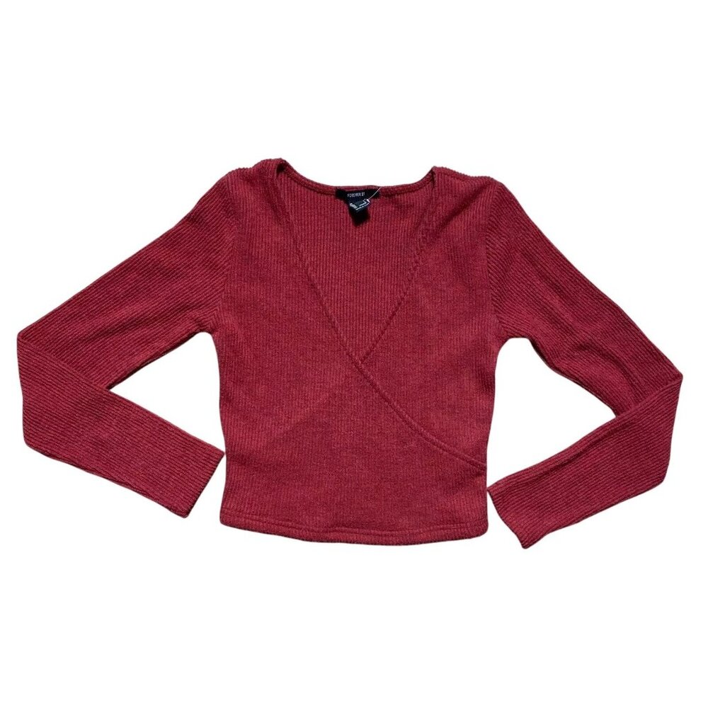 NWT FOREVER 21 Faux Wrap Knit Top S Ribbed Crop Long Sleeve Pullover Solid Red